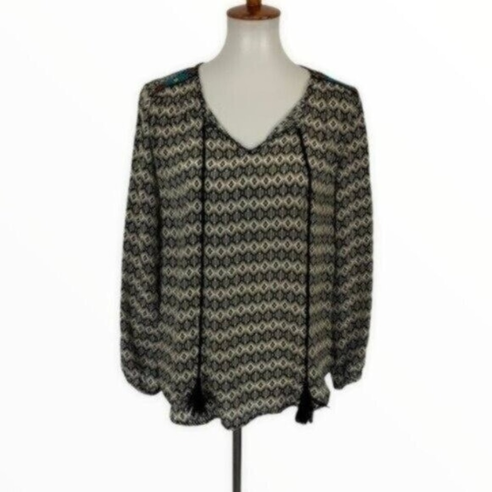 Tolani Silk Blouse XS Black White Long Sleeve Tassel Boho Festival